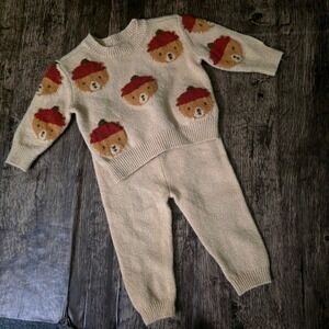 CLOUD ISLAND Sweater Set Baby 3-6M Tan Excellent Bear Graphic Knit Outfit